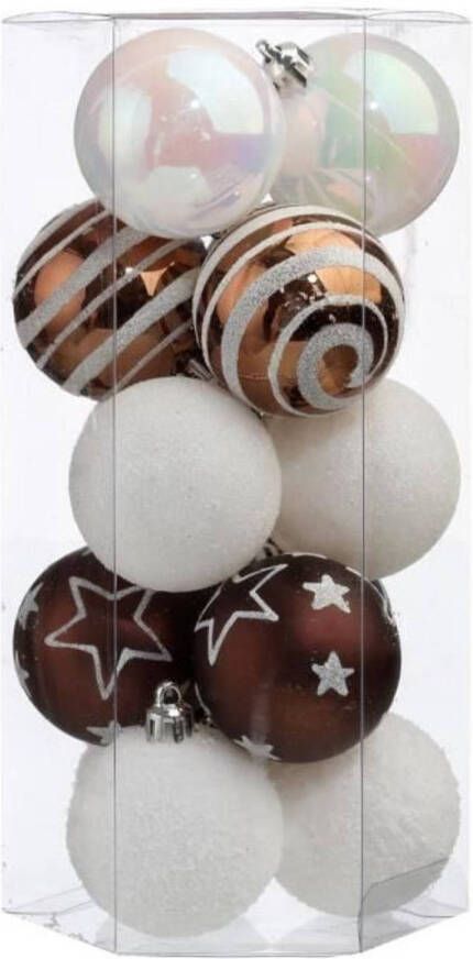 Atmosphera 15x stuks kerstballen mix wit bruin gedecoreerd kunststof 5 cm Kerstbal