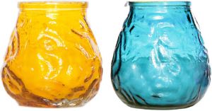 Cosy & Trendy Lowboy tafel kaarsen setje van 4x stuks 7 cm in blauw geel Buiten en binnen Waxinelichtjes