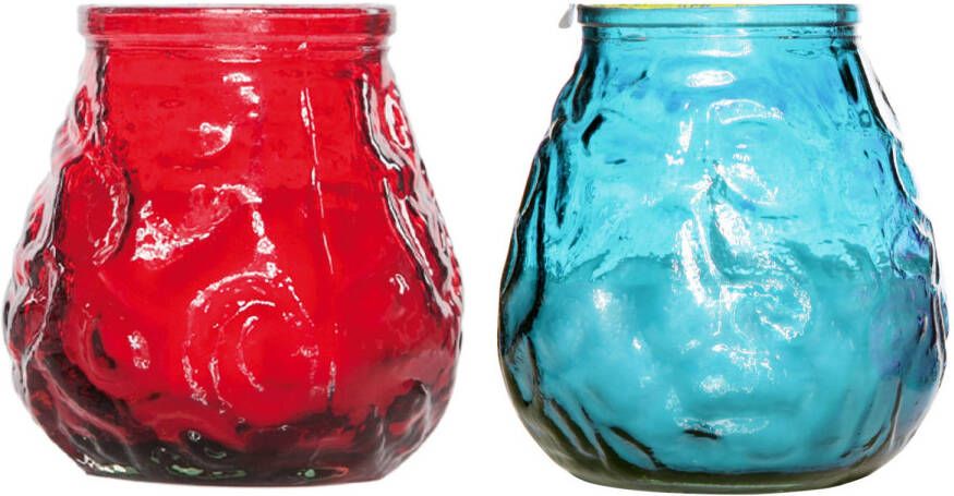 Cosy & Trendy Lowboy tafel kaarsen setje van 4x stuks 7 cm in blauw rood Buiten en binnen Waxinelichtjes
