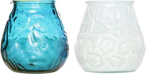Cosy & Trendy Lowboy tafel kaarsen setje van 4x stuks 7 cm in blauw wit Buiten en binnen Waxinelichtjes