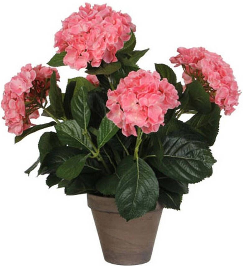 Mica Decorations Roze Hydrangea hortensia kunstplant 45 cm in grijze pot Kunstplanten nepplanten Kunstplanten