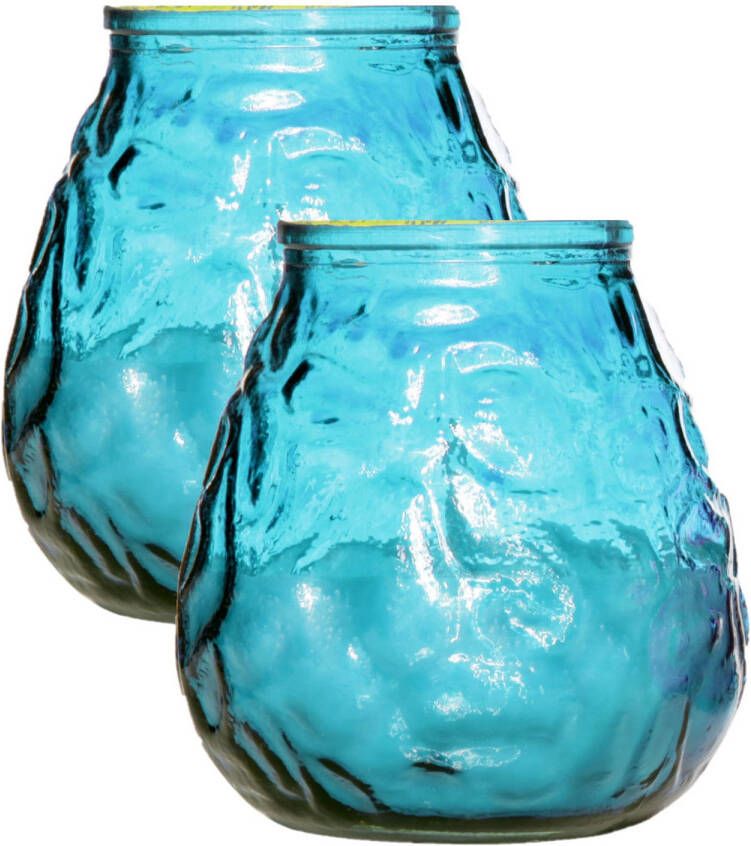 Cosy & Trendy Set van 2x stuks blauwe Lowboy buiten tuin tafel sfeer kaarsen 10 cm 40 branduren in glas Tuinkaarsen Waxinelichtjes