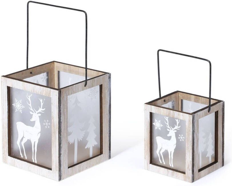Merkloos 2x sets van 2x stuks kerst lantaarns windlichten met rendieren print 8 5 en 11 cm Kerstbeeldjes