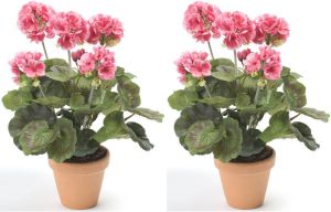 Emerald Set van 2x stuks kunstbloemen kunstplant roze Geranium 35 cm met 5 bloem series Kunstplanten