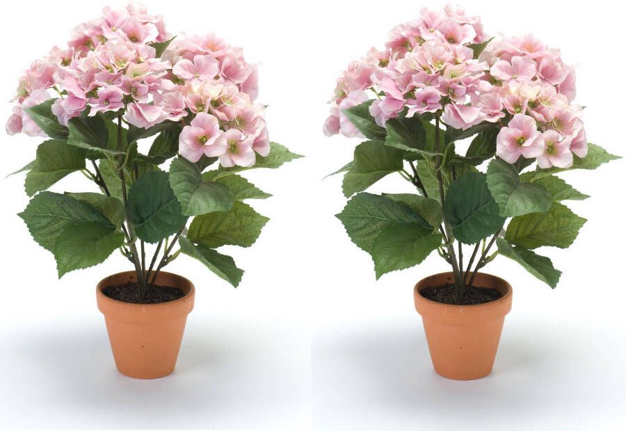 Shoppartners Set van 2x stuks roze hortensia Hydrangea Macrophylla kunstplant in kunststof pot 40 cm Kunstplanten
