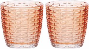 Cosy & Trendy Set van 2x stuks theelichthouders waxinelichthouders glas oranje 9 x 9 cm steentjes motief Windlichtjes kaarsenhouders Waxinelichtjeshouders