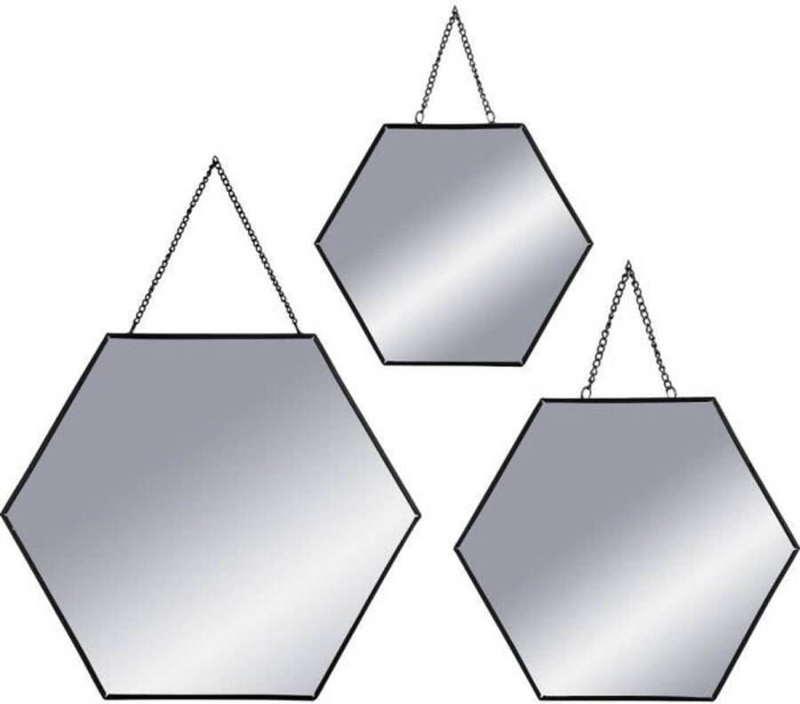 ATMOSPHERA Set van 3x spiegels wandspiegels hexagon metaal zwart met ketting Woondecoratie accessoires Spiegels