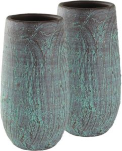 Steege Set van 2x stuks hoge bloempotten plantenpotten vaas van keramiek in de kleur antiek brons groen met diameter 17 cm en hoogte 30 cm Vazen
