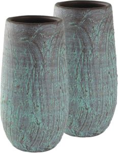 Ter Steege Set van 2x stuks hoge bloempotten plantenpotten vaas van keramiek in de kleur antiek brons groen met diameter 17 cm en hoogte 37 cm Vazen