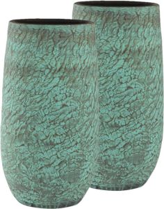 Ter Steege Set van 2x stuks hoge bloempotten plantenpotten vaas van keramiek antiek brons groen kleurig met diameter 27 cm en hoogte 50 cm Vazen