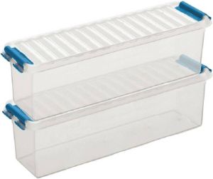Sunware 2x Q-Line opberg boxen opbergdozen 1 3 liter 27 x 8 4 x 9 cm kunststof Langwerpige smalle opslagbox Opbergbak kunststof transparant blauw Opbergbox