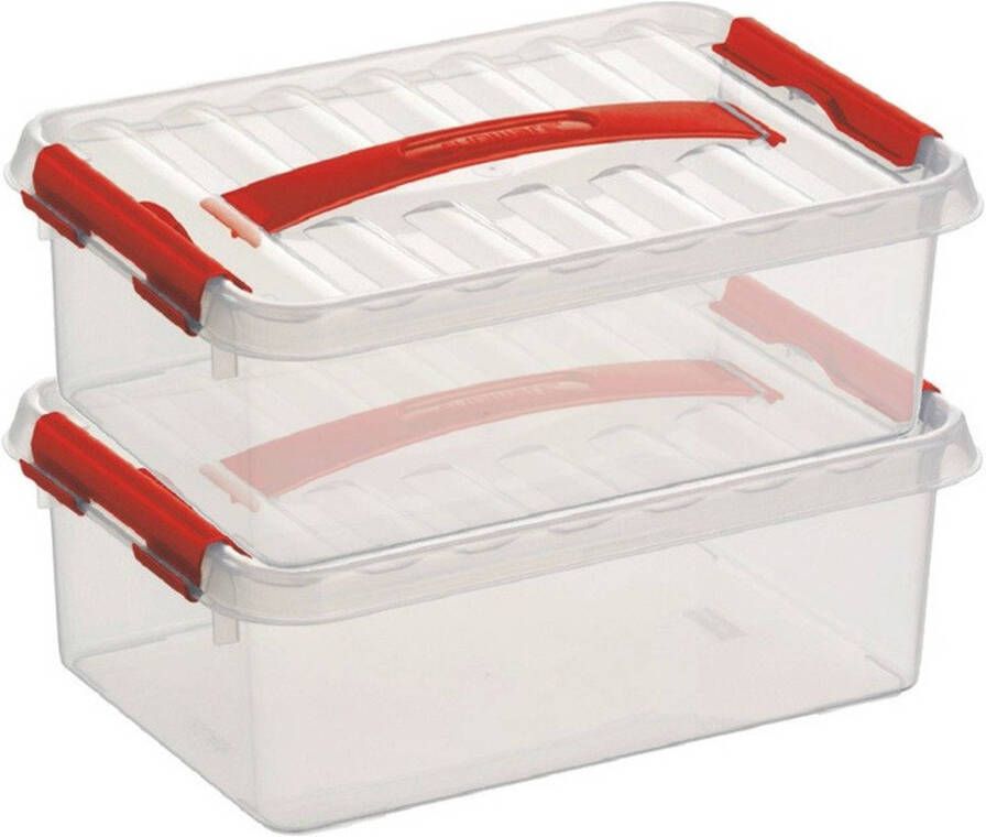 Sunware 2x Q-Line opberg boxen opbergdozen 4 liter 30 x 20 x 10 cm kunststof platte smalle opslagbox Opbergbak kunststof transparant rood Opbergbox