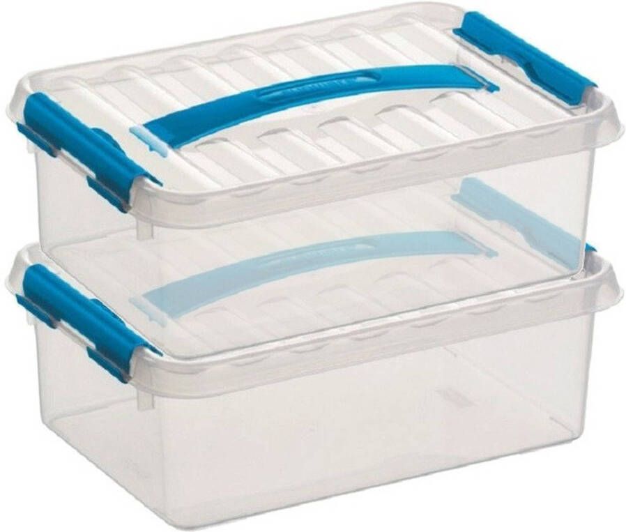 Sunware 2x Q-Line opberg boxen opbergdozen 4 liter 30 x 20 x 10 cm kunststof platte smalle opslagbox Opbergbak kunststof transparant blauw Opbergbox