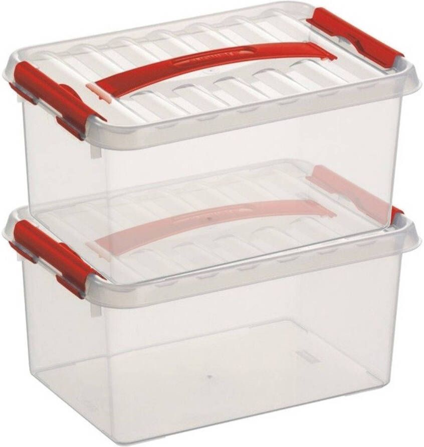 Sunware 2x Q-Line opberg boxen opbergdozen 6 liter 30 x 20 x 14 cm kunststof Opslagbox Opbergbak kunststof transparant rood Opbergbox