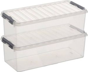 Sunware 2x Q-Line opberg box opbergdoos 9 5 liter 48 5 x 19 x 14 7 cm kunststof Langwerpige smalle opslagbox Opbergbak kunststof transparant zilver Opbergbox