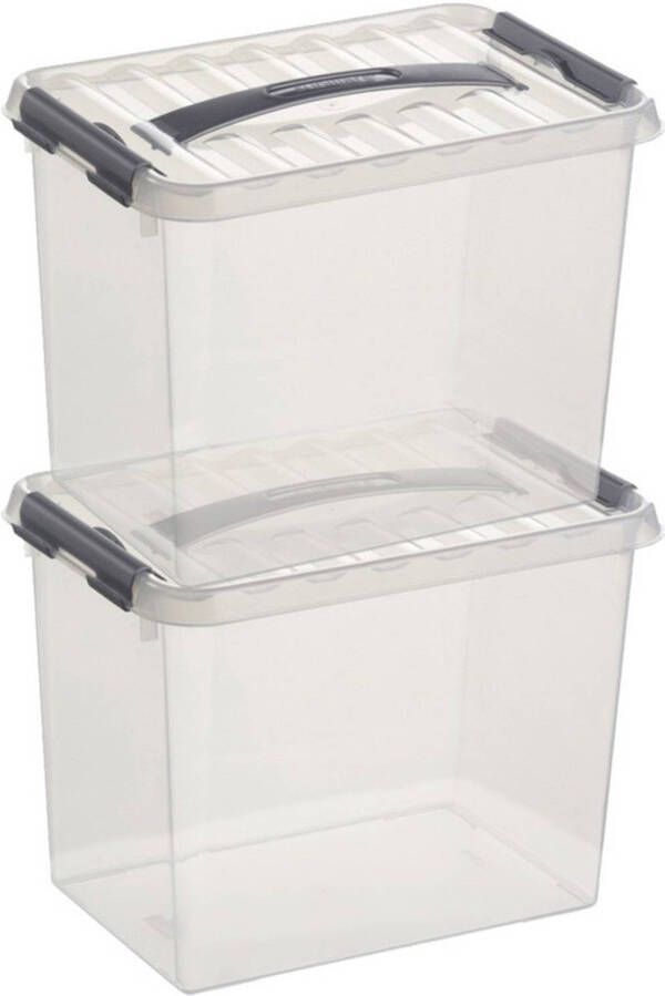 Sunware 2x Q-Line opberg boxen opbergdozen 9 liter 30 x 20 x 22 cm kunststof- Opslagbox Opbergbak kunststof transparant zilver Opbergbox