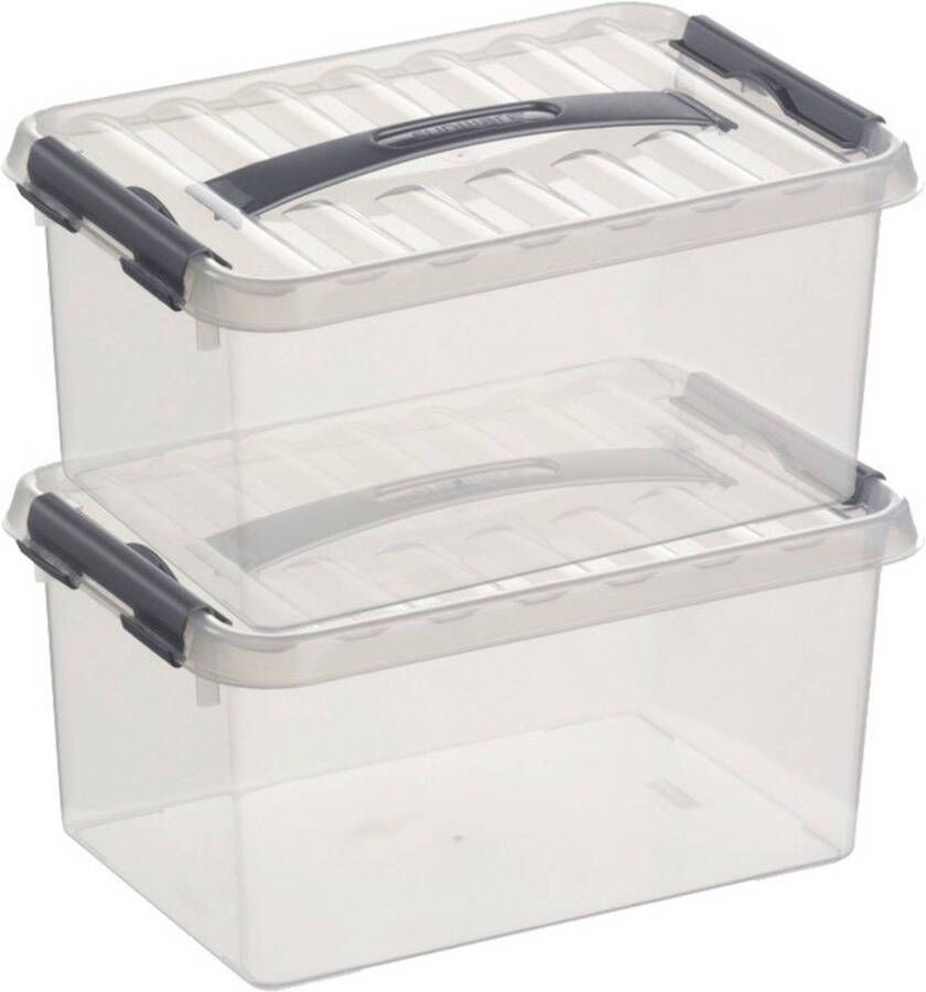 Sunware 2x Q-Line opberg boxen opbergdozen 6 liter 30 cm kunststof- Opslagbox Opbergbak kunststof transparant zilver Opbergbox