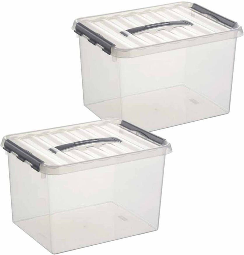 Sunware 2x Q-Line opberg box opbergdoos 22 liter 40 cm Opbergbak kunststof transparant zilver 2 stuks Opbergbox