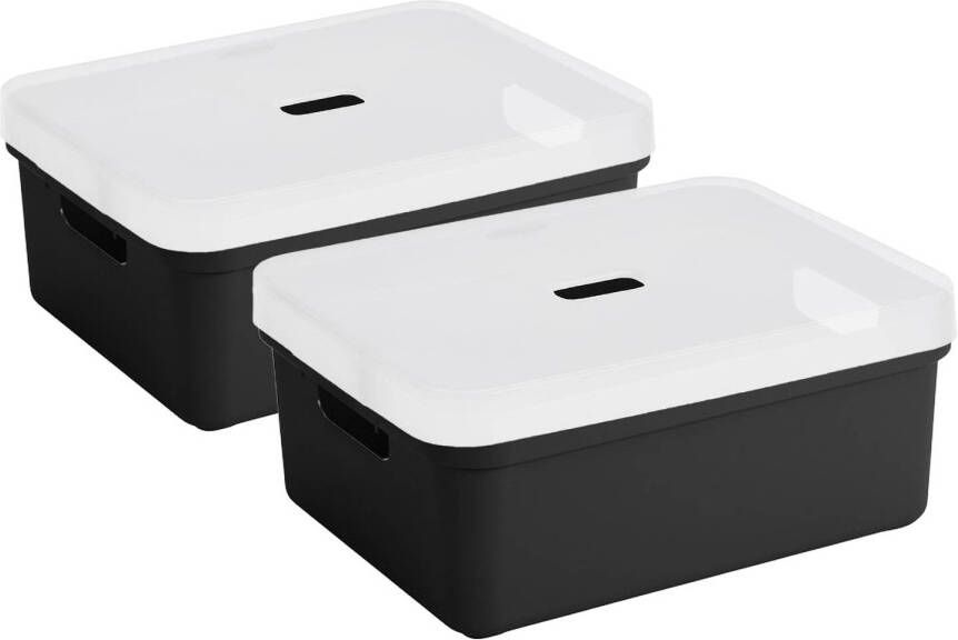 Sunware 2x stuks opbergbox mand kist van 24 liter zwart kunststof met transparante deksel 45 x 35 x 18 cm Opbergbox