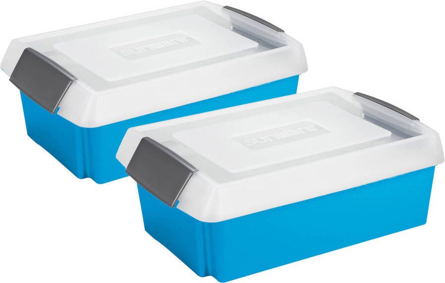 Sunware 2x opslagbox kunststof 30 liter blauw 59 x 39 x 17 cm met extra hoge deksel Opbergbox