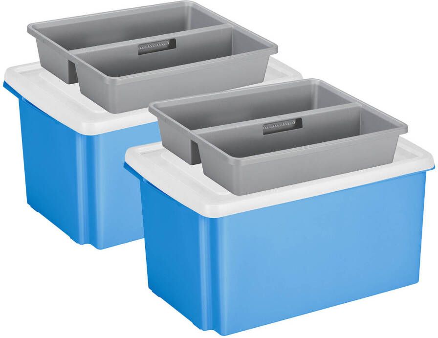 Sunware 2x opslagbox kunststof 51 liter blauw 59 x 39 x 29 cm met deksel en organiser tray Opbergbox