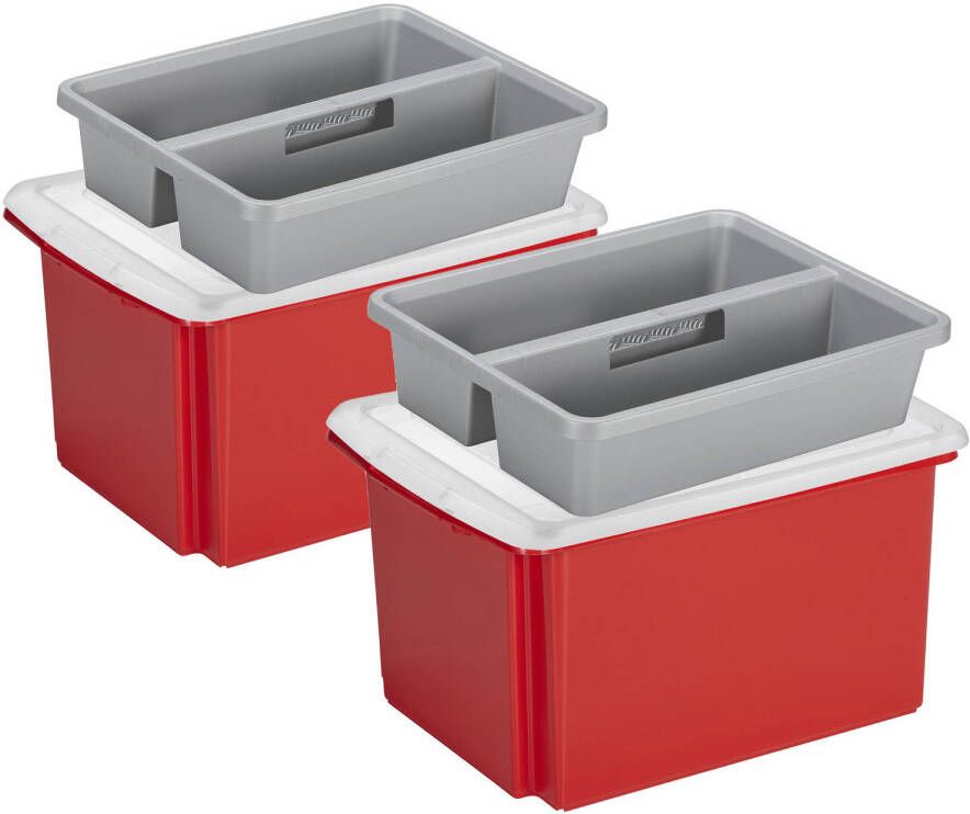 Sunware 2x opslagboxen kunststof 32 liter rood 45 x 36 x 24 cm met deksel en organiser tray Opbergbox