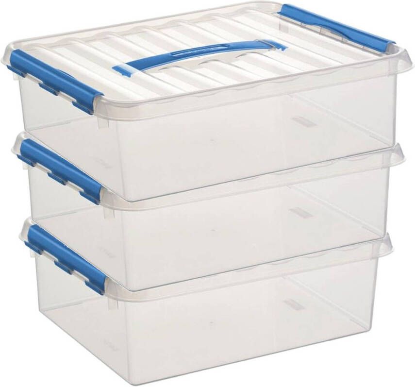 Sunware 3x Q-Line opberg boxen opbergdozen 12 liter 38 x 30 x 12 cm kunststof A4 formaat opslagbox Opbergbak kunststof transparant blauw Opbergbox