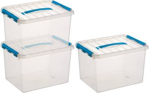 Sunware 3x Q-Line opberg boxen opbergdozen 22 liter 40 x 30 x 26 cm kunststof A4 formaat opslagbox Opbergbak kunststof transparant blauw Opbergbox