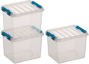 Sunware 3x Q-Line opberg boxen opbergdozen 3 liter 20 x 15 x 14 cm kunststof Opslagbox Opbergbak transparant blauw kunststof Opbergbox