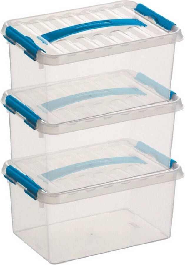 Sunware 3x Q-Line opberg boxen opbergdozen 6 liter 30 x 20 x 14 cm kunststof Opslagbox Opbergbak kunststof transparant blauw Opbergbox