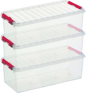 Sunware 3x Q-Line opberg boxen opbergdozen 9 5 liter 48 5 x 19 x 14 7 cm kunststof Langwerpige smalle opslagbox Opbergbak kunststof transparant rood Opbergbox