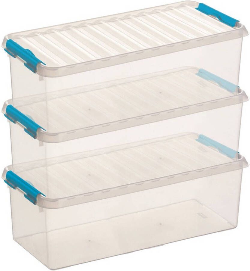 Sunware 3x Q-Line opberg boxen opbergdozen 9 5 liter 48 5 x 19 x 14 7 cm kunststof Langwerpige smalle opslagbox Opbergbak kunststof transparant blauw Opbergbox