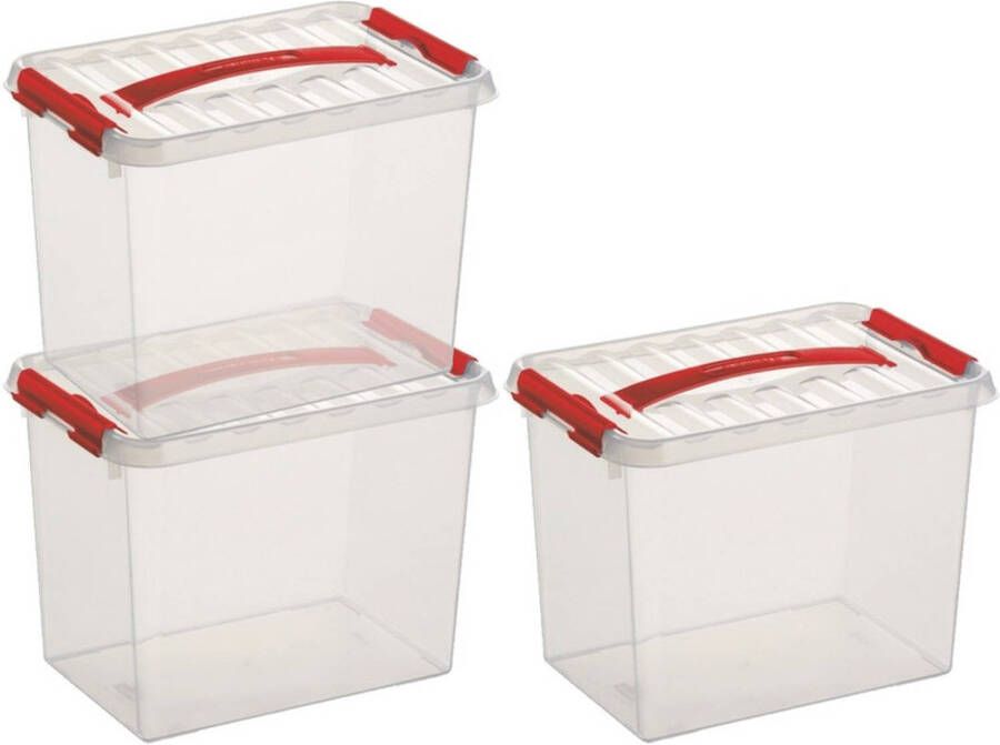Sunware 3x Q-Line opberg boxen opbergdozen 9 liter 30 x 20 x 22 cm kunststof Opslagbox Opbergbak kunststof transparant rood Opbergbox