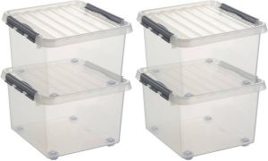 Sunware 4x Q-Line opberg boxen opbergdozen met wieltjes 26 liter 40 x 40 x 28 cm kunststof Vierkante opslagbox Opbergbak kunststof transparant zilver Opbergbox