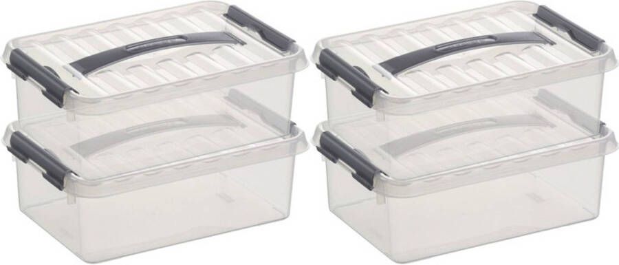 Sunware 4x Q-Line opberg boxen opbergdozen 4 liter 30 cm kunststof Opslagbox Opbergbak kunststof transparant zilver Opbergbox