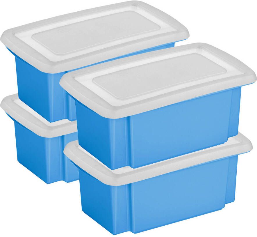 Sunware 4x opslagbox kunststof 7 liter blauw 38 x 21 x 14 cm met deksel Opbergbox