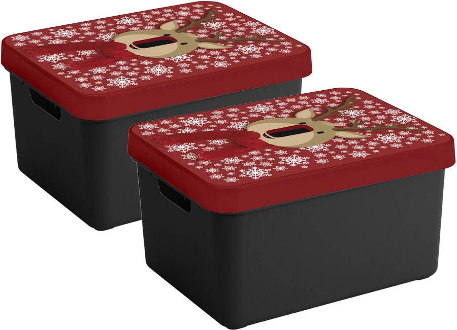 Sunware Kerstballen kerstversiering opruim opbergboxen set van 2x stuks met rendieren print deksel Kerstballen opbergboxen