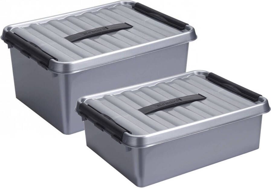 Sunware Opberg boxen set 2x stuks 10 en 15 liter kunststof grijs met deksel Opbergbox