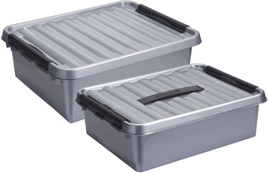 Sunware Opberg boxen set 2x stuks 10 en 25 liter kunststof grijs met deksel Opbergbox