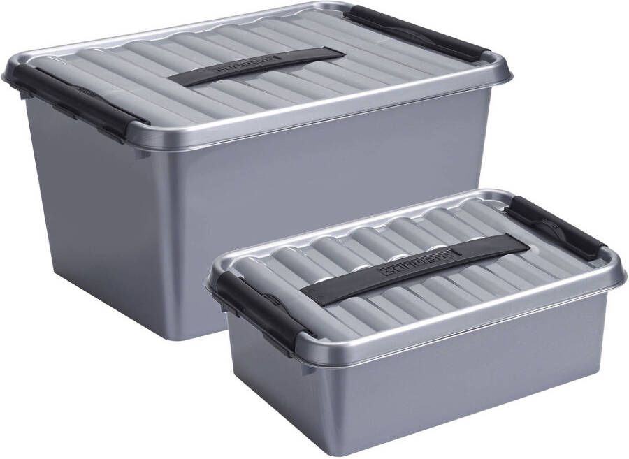 Sunware Opberg boxen set 2x stuks 12 en 22 liter kunststof grijs met deksel Opbergbox