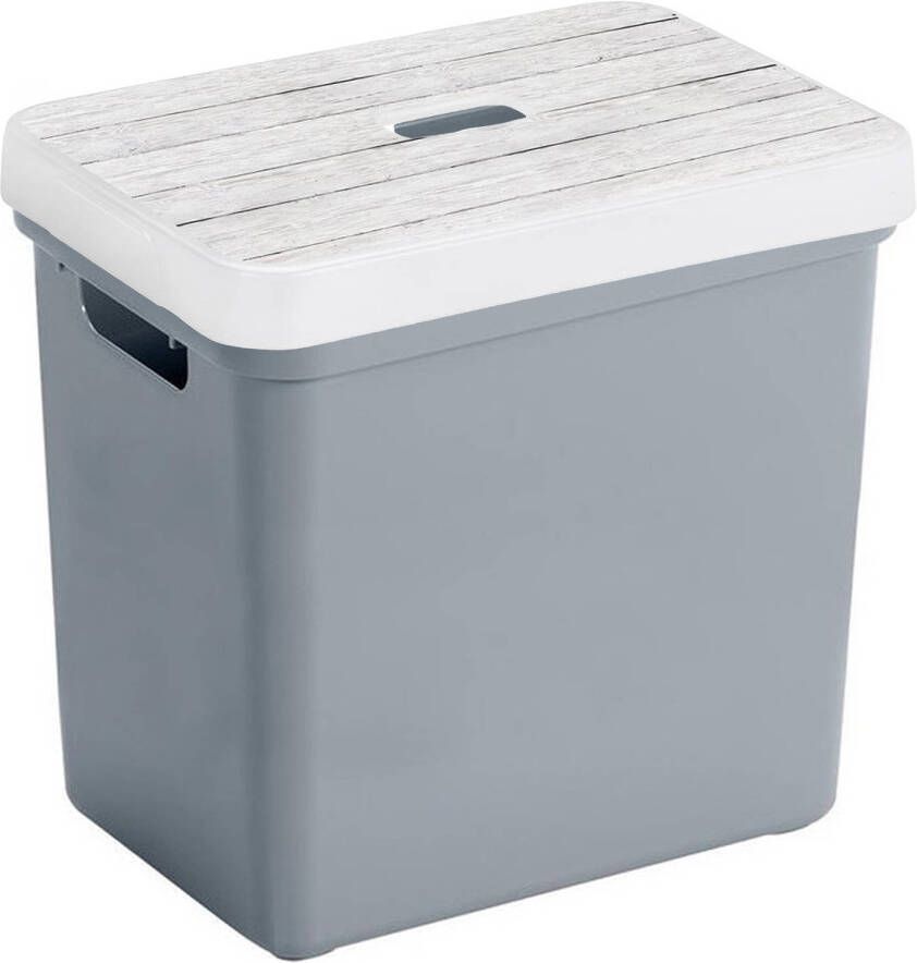Sunware Opbergbox mand blauwgrijs 25 liter met deksel hout kleur Opbergbox