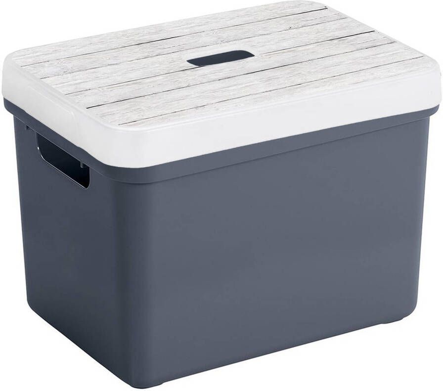 Sunware Opbergbox mand donkerblauw 18 liter met deksel hout kleur Opbergbox
