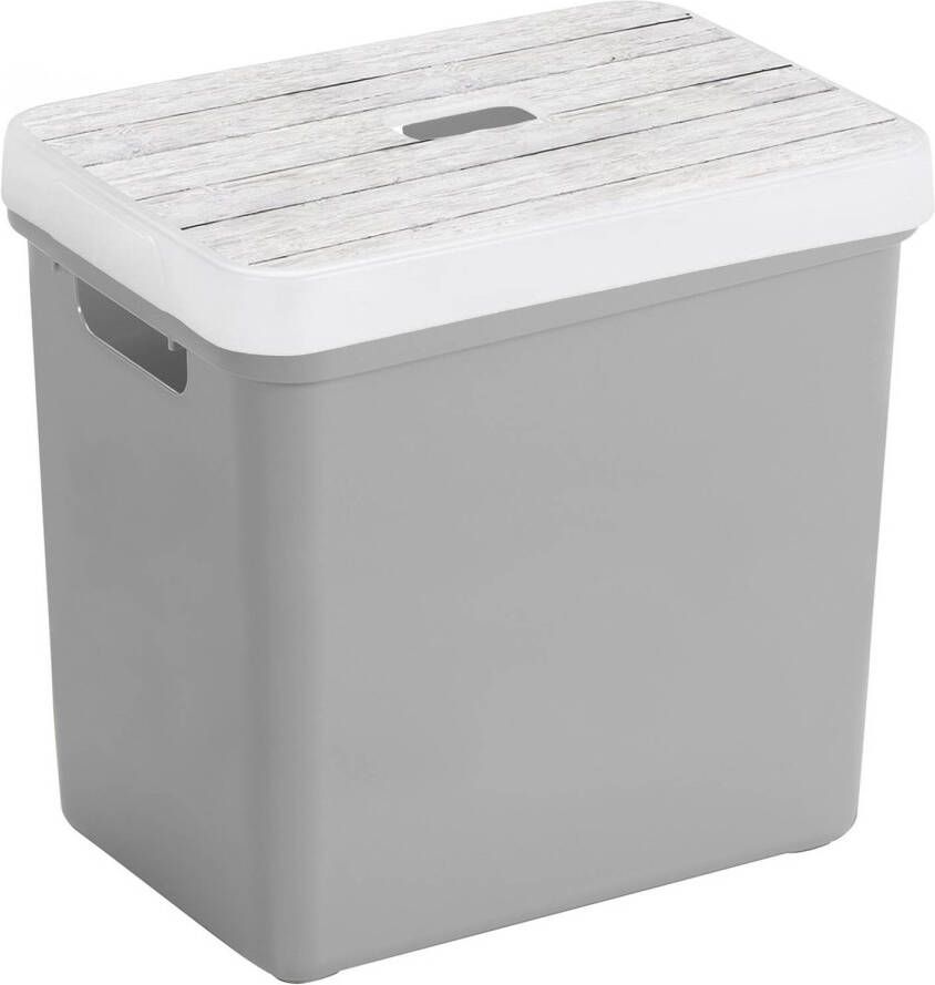 Sunware Opbergbox mand lichtgrijs 25 liter met deksel hout kleur Opbergbox