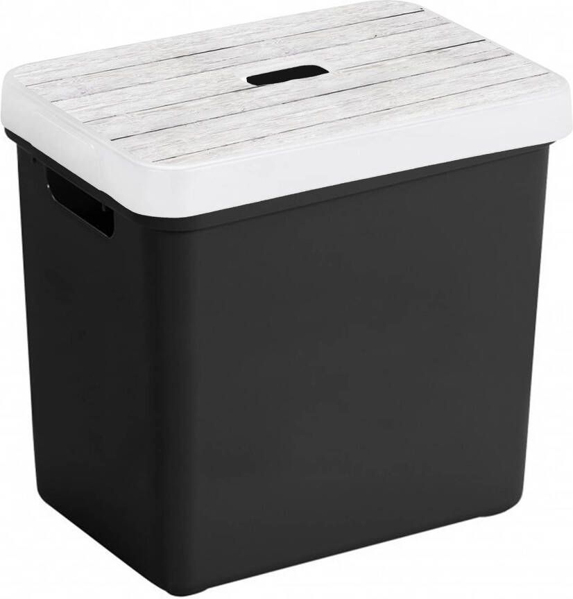 Sunware Opbergbox zwart 25 Liter kunststof met houtkleur deksel Opbergbox