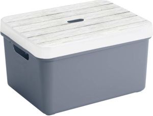Sunware Sigma opbergbox donkerblauw 32 liter kunststof met houtkleur deksel Opbergbox