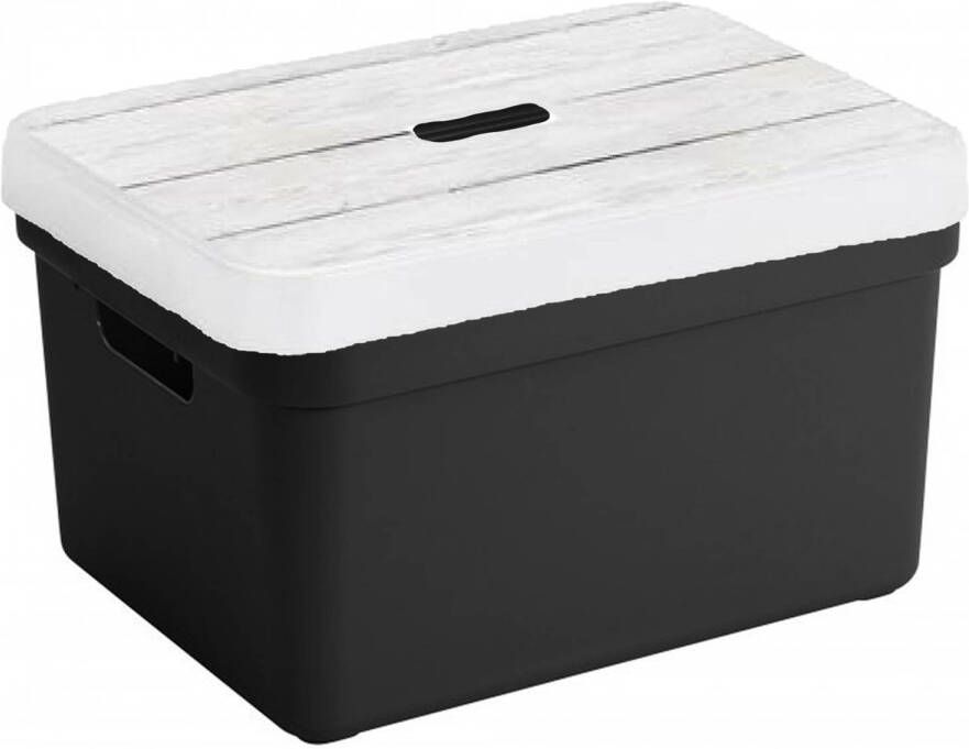 Sunware Sigma opbergbox zwart 32 liter kunststof met houtkleur deksel Opbergbox