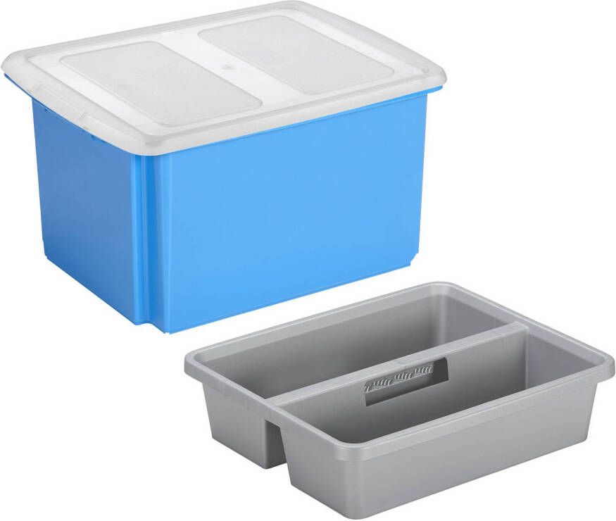 Sunware opslagbox kunststof 32 liter blauw 45 x 36 x 24 cm met deksel en organiser tray Opbergbox