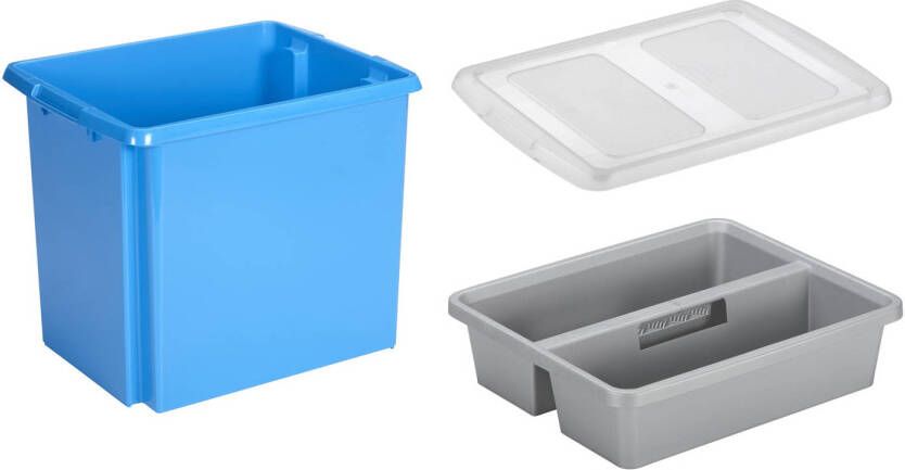 Sunware opslagbox kunststof 45 liter blauw 45 x 36 x 36 cm met deksel en organiser tray Opbergbox