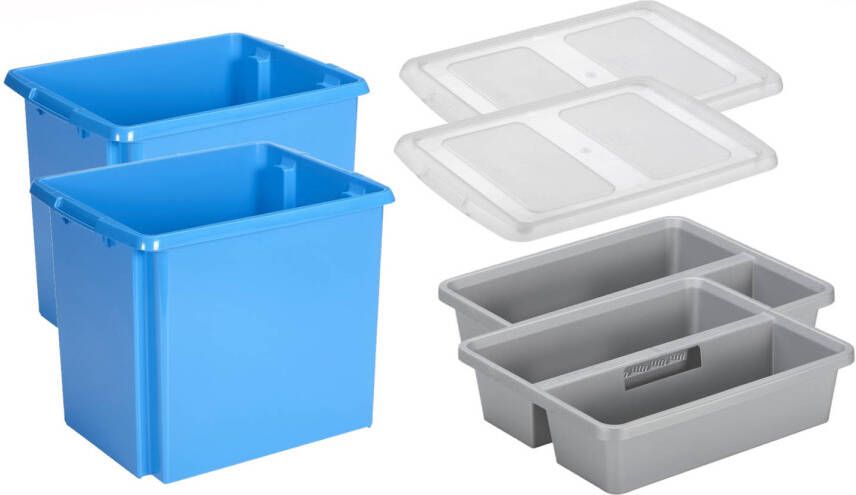 Sunware Set van 2x opslagbox kunststof 45 liter blauw 45 x 36 x 36 cm met deksel en organiser tray Opbergbox