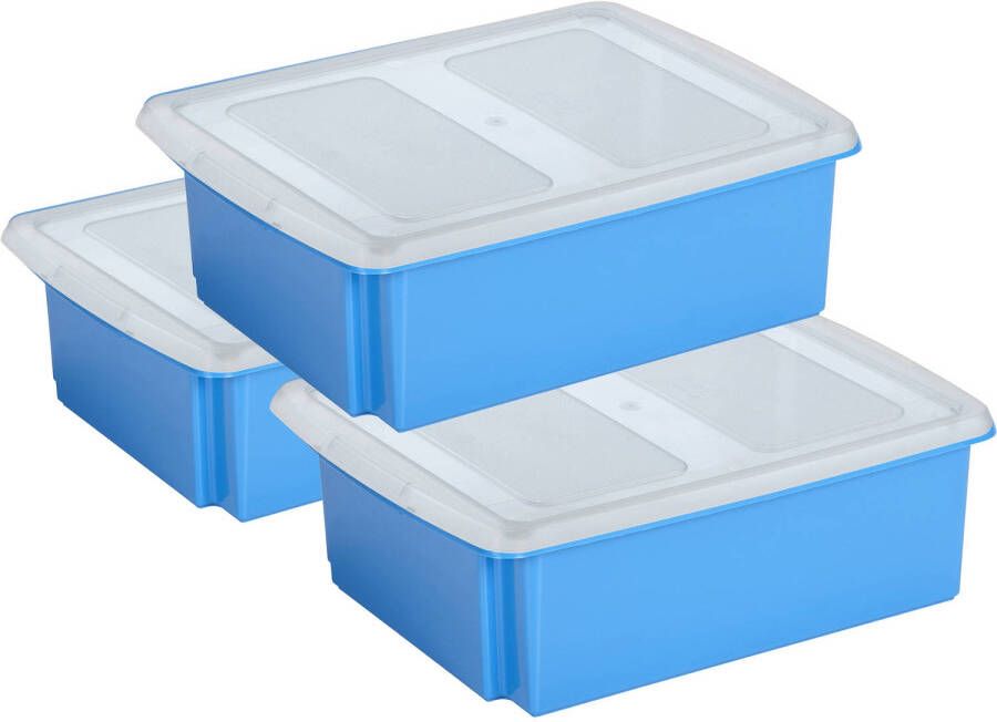 Sunware set van 3x opslagboxen 17 liter blauw 45 x 36 x 14 cm met afsluitbare deksel Opbergbox